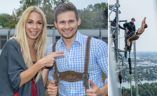Wiener Trachtenbungee am Donauturm: Dirndl und Lederne in luftiger Höhe