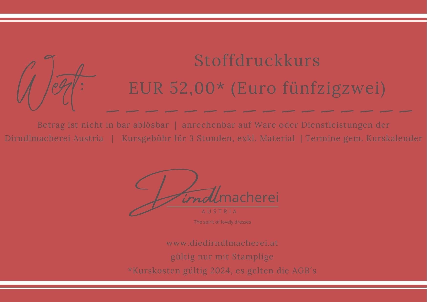 Geschenkgutschein Dirndlmacherei Austria - Stoffdruckkurs