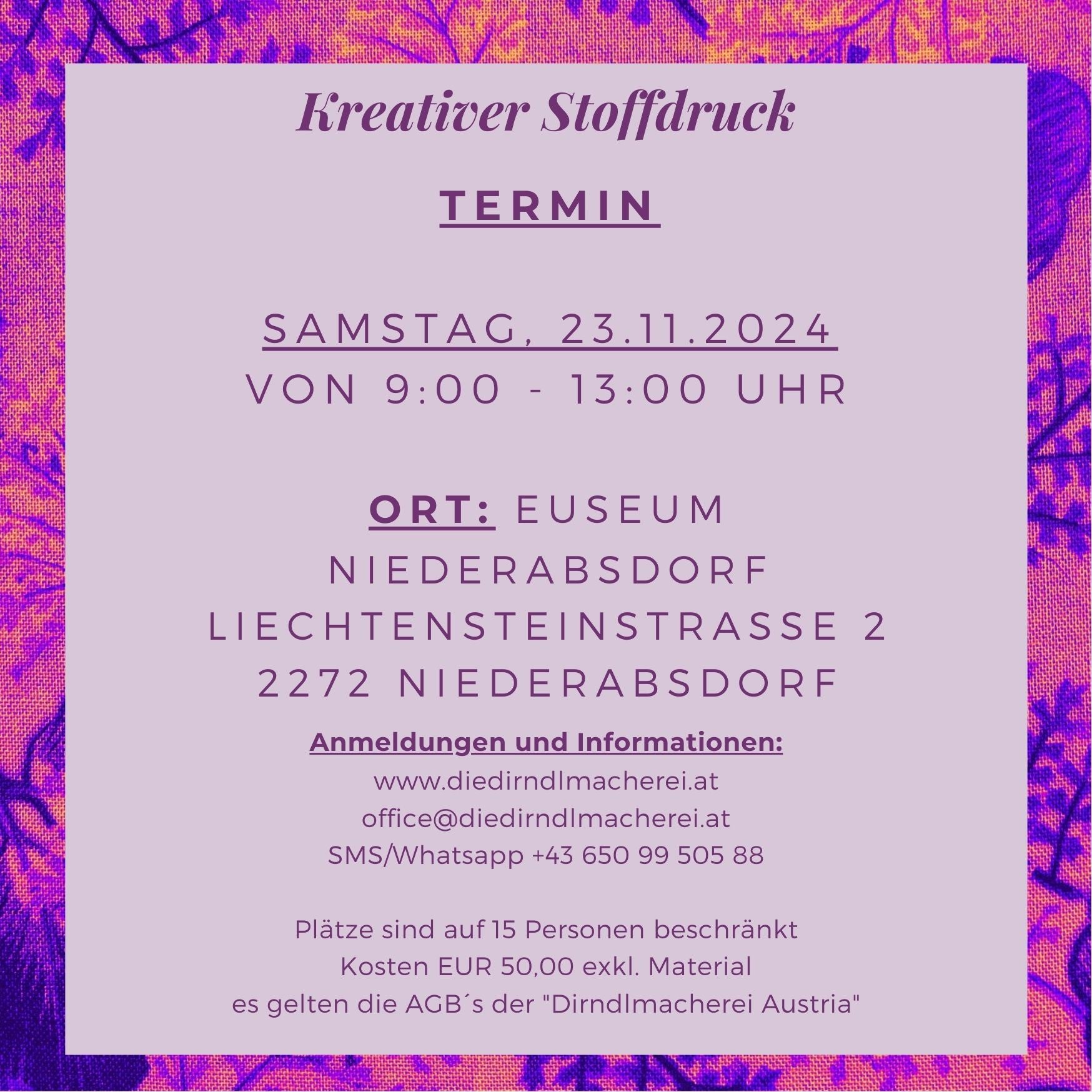 Kreativer Stoffdruckkurs, November 2024 in Niederabsdorf